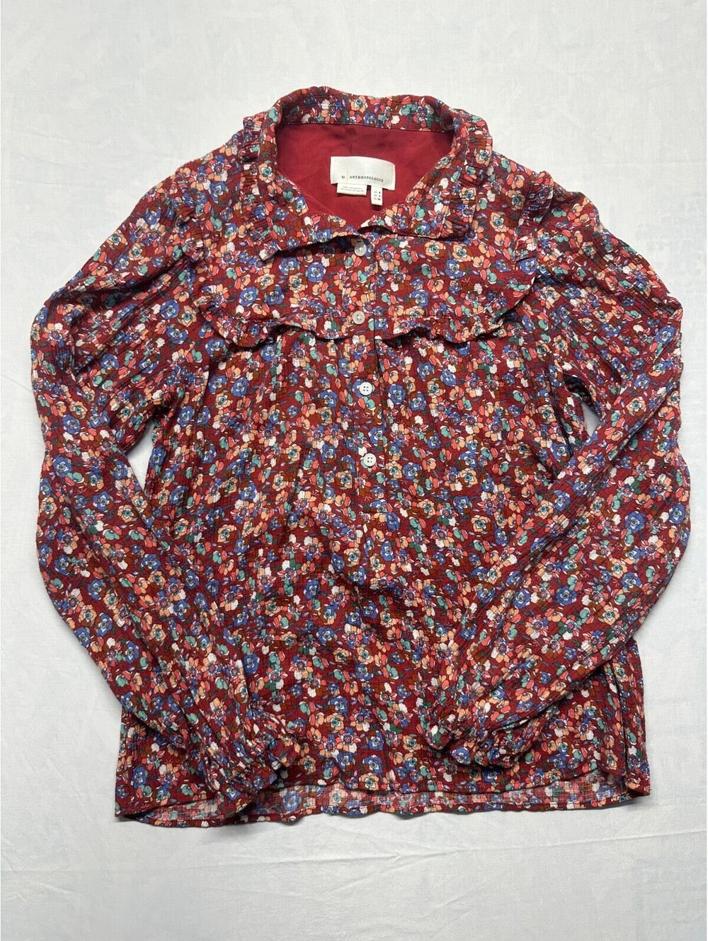 Anthropologie Emia Ruffled Button-Down Peasant Blouse Floral Wine EUC Size 2